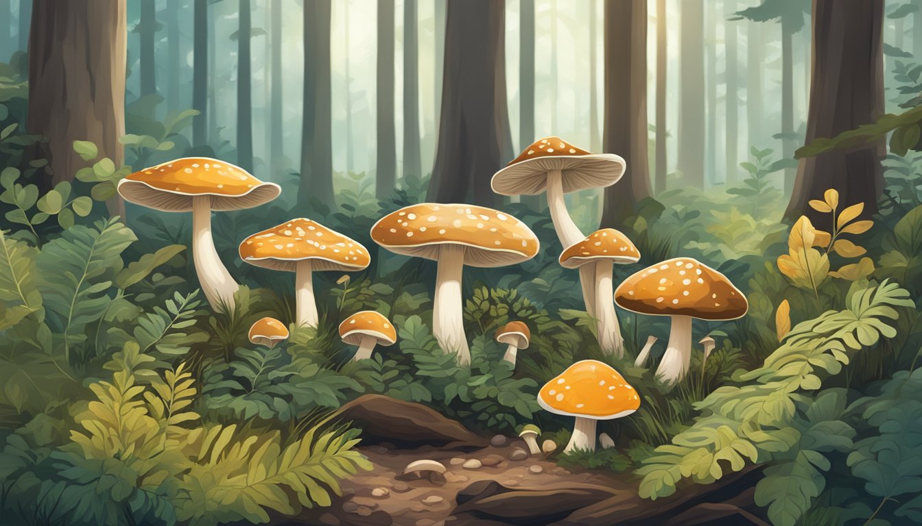 A forest floor with diverse mushroom species, surrounded by trees and undergrowth, with a clear sky above and a sense of tranquility