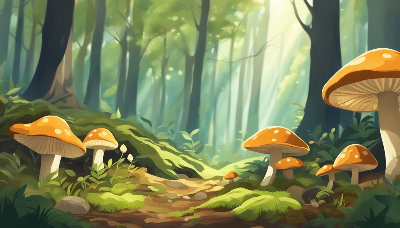 Lush forest floor with fallen leaves and moss, dappled sunlight filtering through the canopy. Various types of mushrooms sprouting from the earth