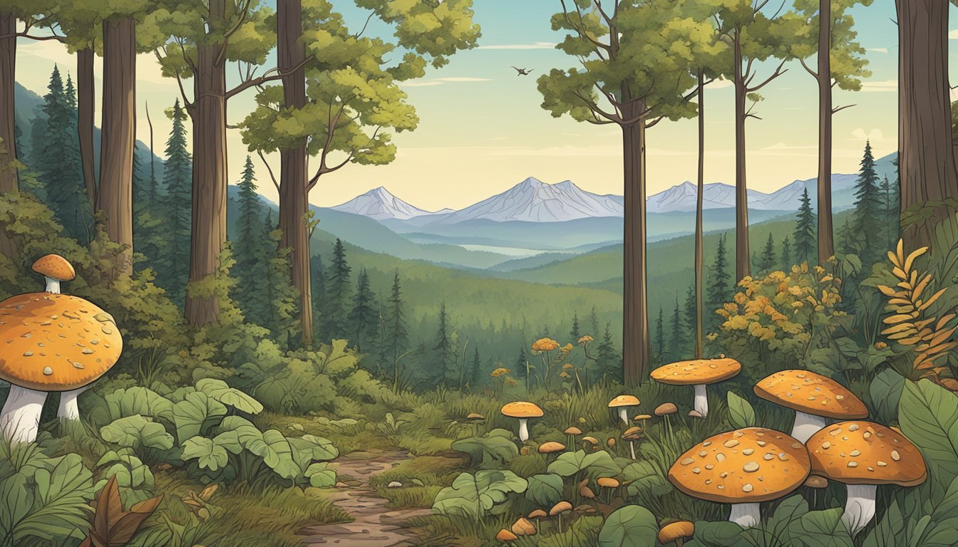 A lush forest floor with diverse flora, fallen leaves, and various mushroom species scattered throughout. The backdrop of the Front Range region's mountains looms in the distance