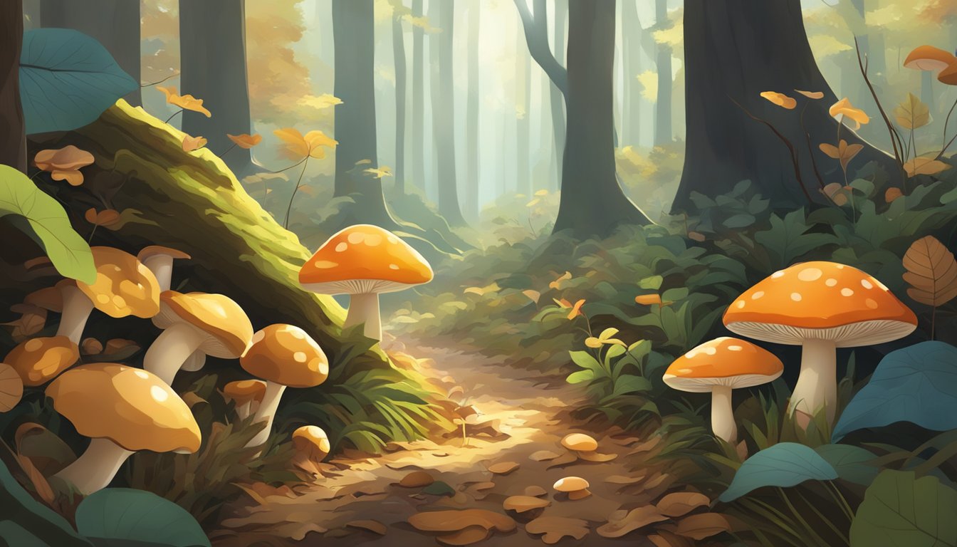 A dense forest floor with various types of mushrooms growing among fallen leaves and twigs, with sunlight filtering through the trees