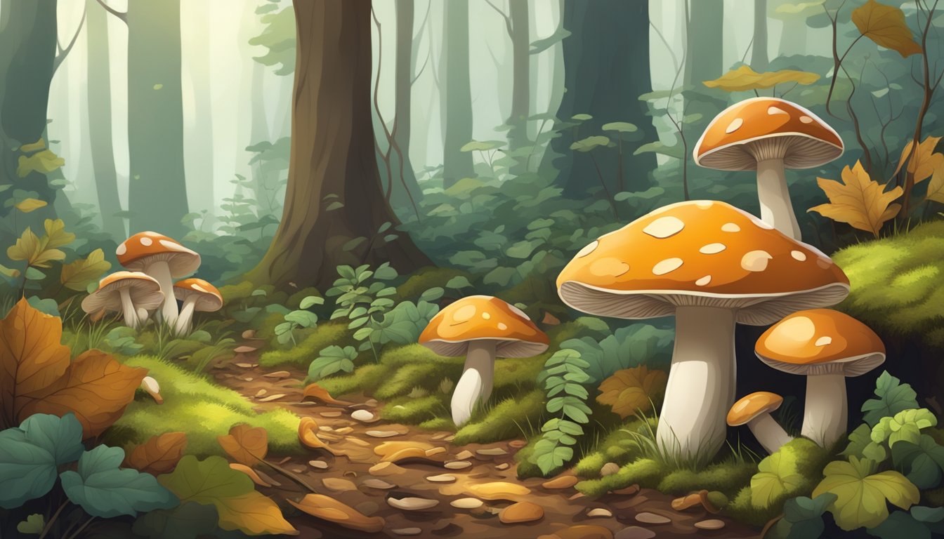 A lush forest floor with various types of mushrooms growing among fallen leaves and moss