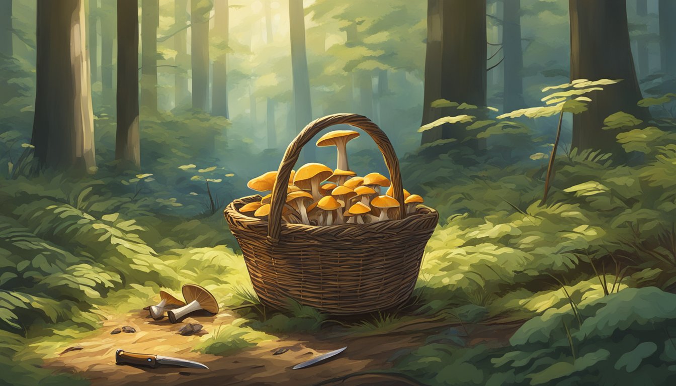 Sunlight filtering through dense forest canopy onto a patch of wild mushrooms. A basket and foraging knife lay nearby