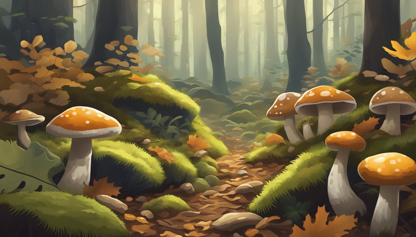 A dense forest floor in the Four Corners region, with various types of mushrooms scattered among the fallen leaves and moss