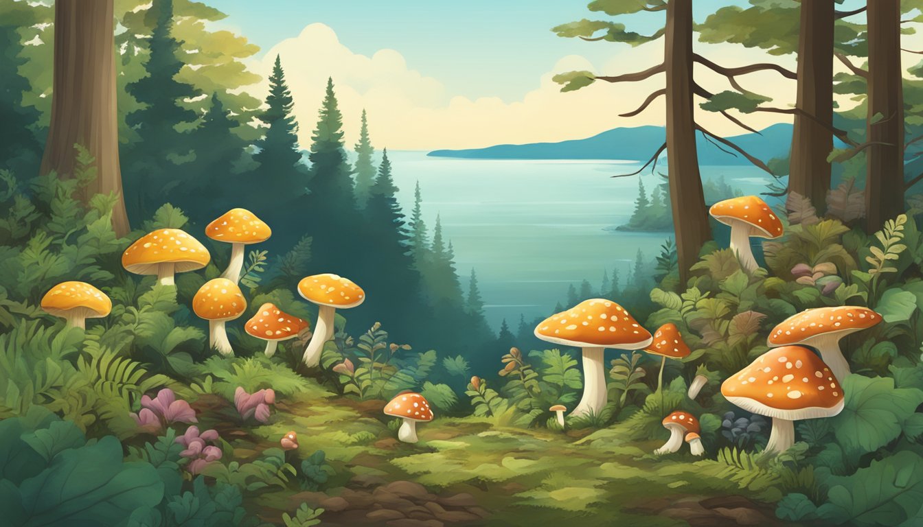 A lush forest floor with diverse mushrooms, surrounded by the Great Lakes