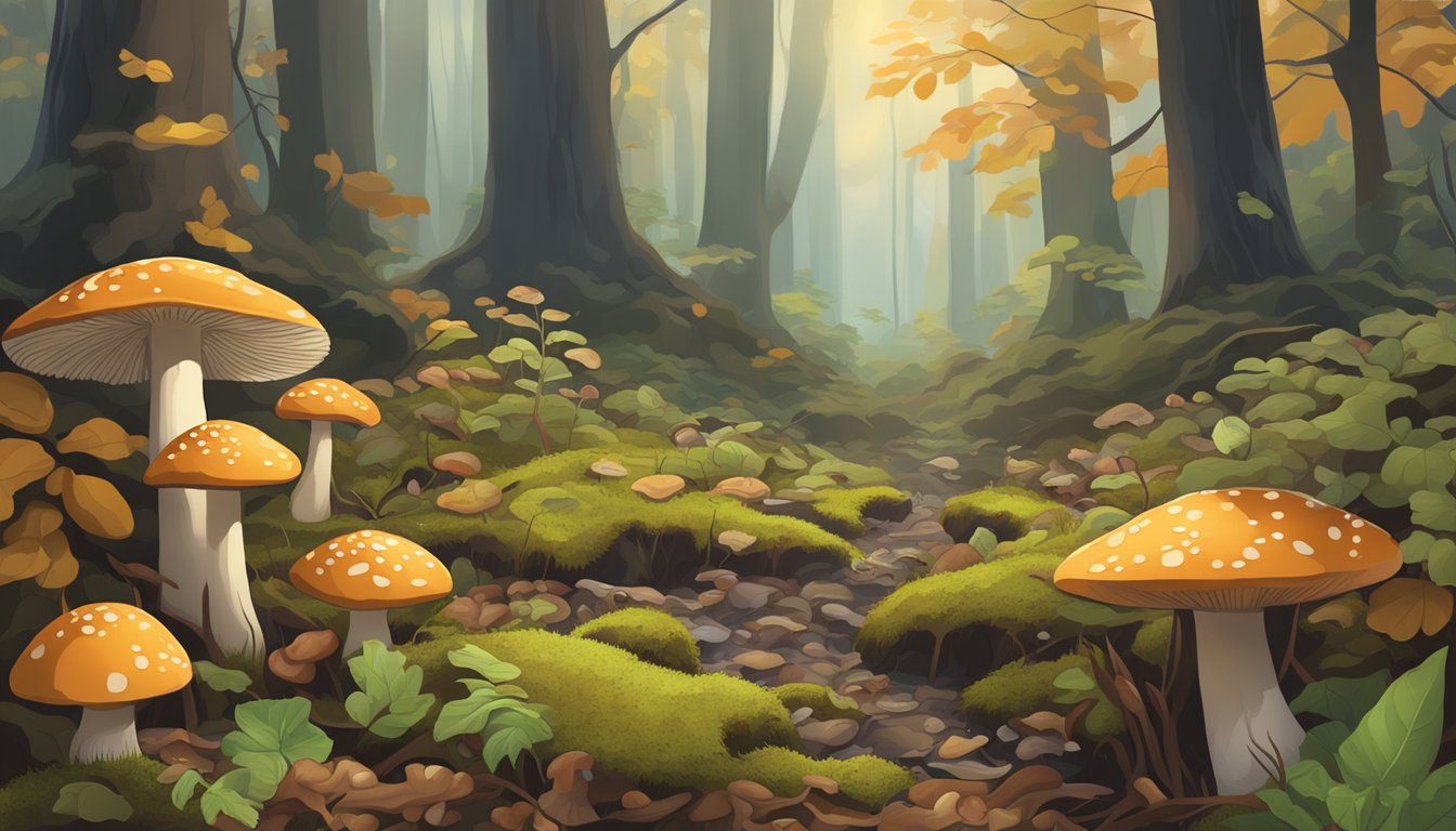 A dense forest floor in the Great Lakes region, with various types of mushrooms sprouting among fallen leaves and moss