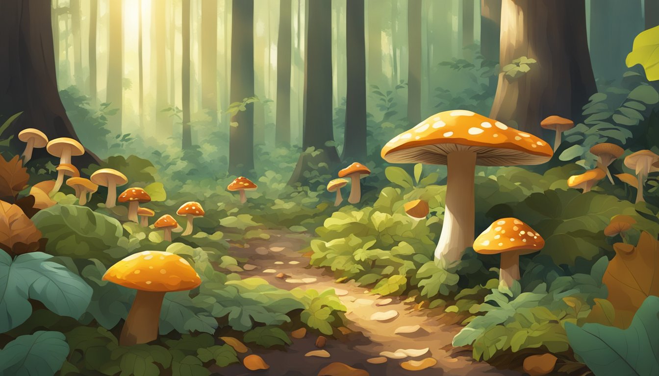 A lush forest floor with dappled sunlight, scattered fallen leaves, and a variety of mushrooms in different shapes, sizes, and colors