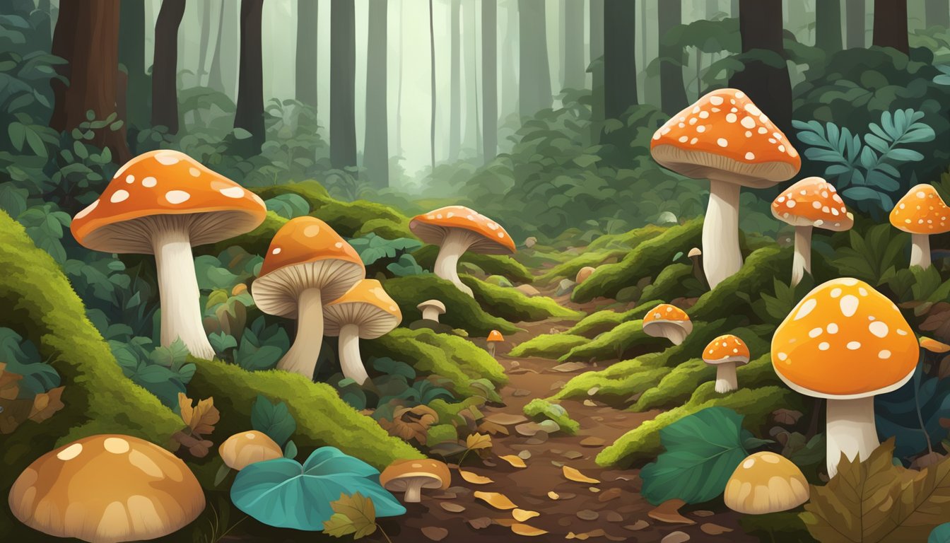 A dense forest floor with a variety of mushrooms in different shapes, sizes, and colors scattered among the fallen leaves and moss