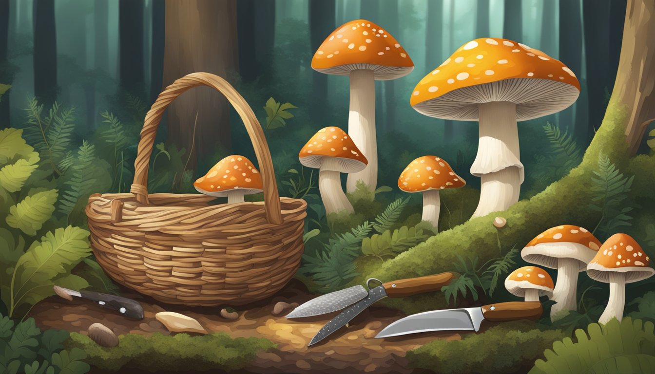 A forest floor with diverse mushrooms, a woven basket, and a small knife