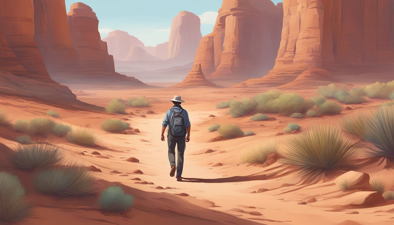 A figure wanders through a desert landscape, surrounded by red rock formations and sparse vegetation. They are carefully inspecting the ground for mushrooms, their footsteps leaving faint imprints in the sandy soil