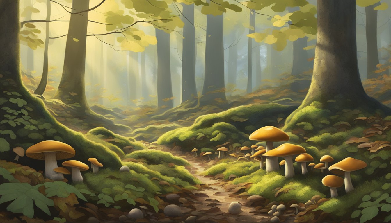 A dense forest floor in the Finger Lakes region, with various types of mushrooms growing among fallen leaves and moss. The scene is serene and untouched, with dappled sunlight filtering through the trees