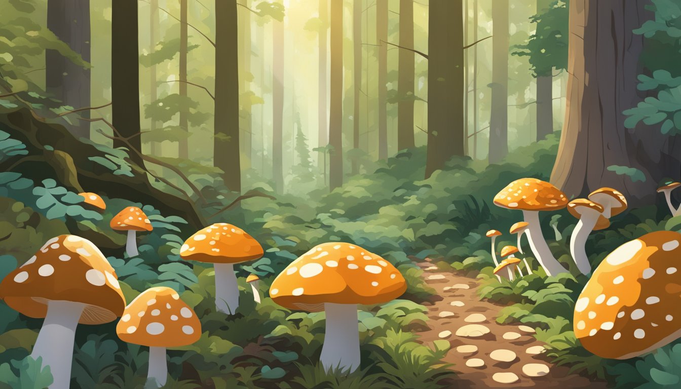 A dense forest floor in the Four Corners region, scattered with various types of mushrooms in different shapes, sizes, and colors. Sunlight filters through the tree canopy, casting dappled shadows on the forest floor