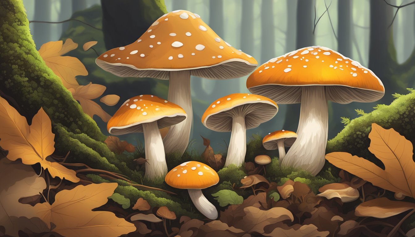 A variety of mushrooms grow among fallen leaves and moss in the damp forests of the Finger Lakes region