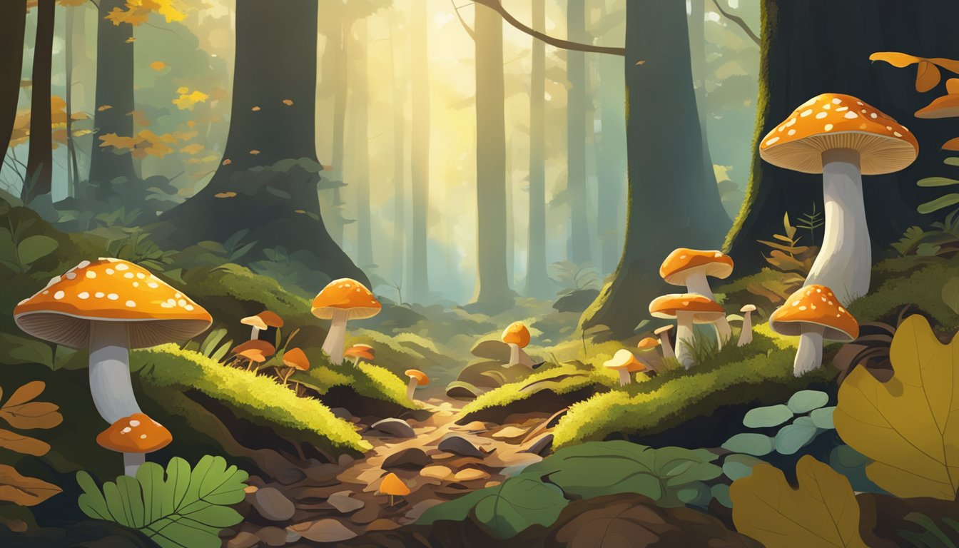 A dense forest floor with various wild mushrooms of different shapes, sizes, and colors scattered among the fallen leaves and moss. Sunlight filters through the canopy, casting dappled shadows on the ground