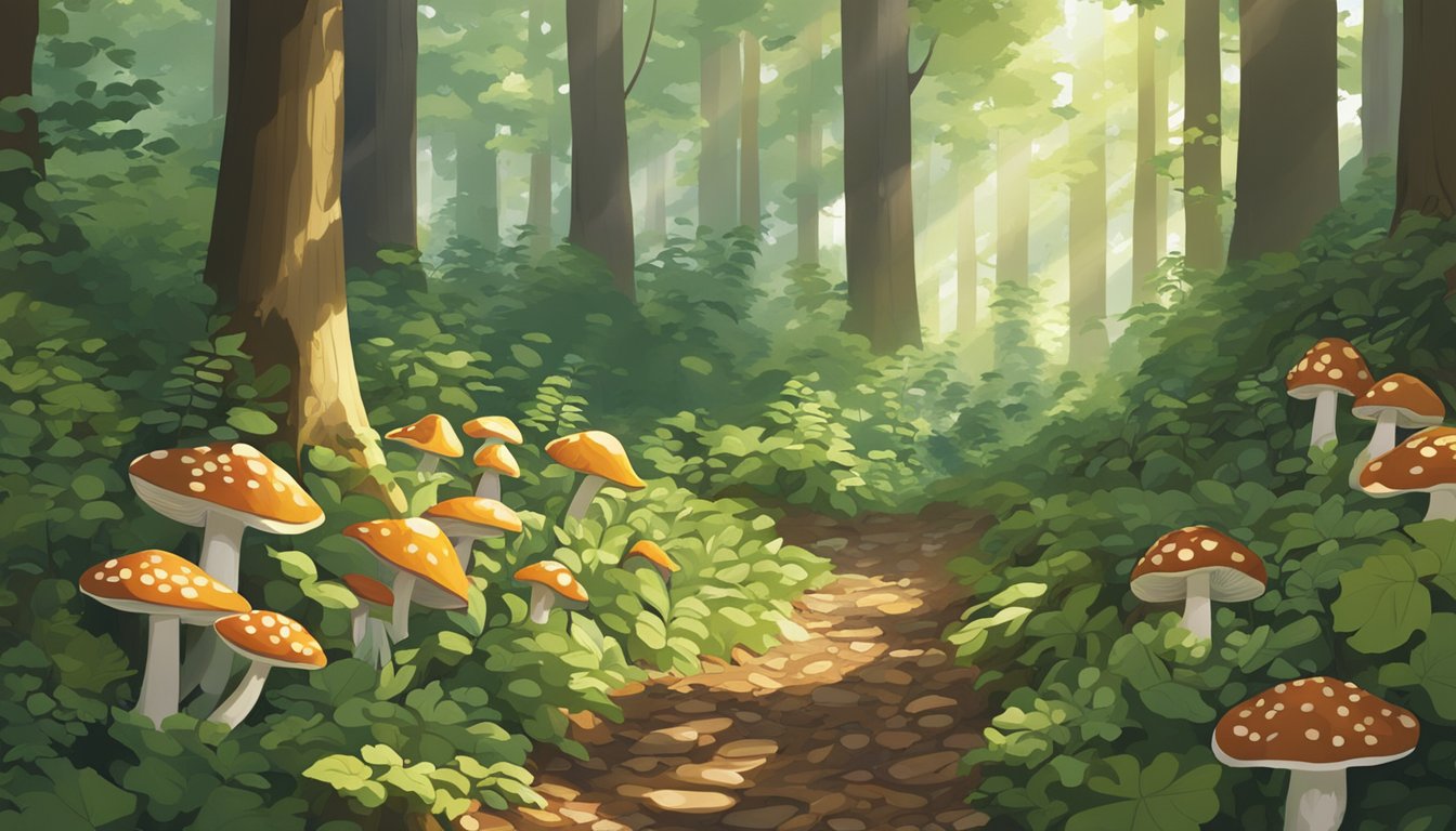 A lush forest floor in the Finger Lakes region, abundant with various types of mushrooms. Sunlight filters through the trees, casting dappled shadows on the earth