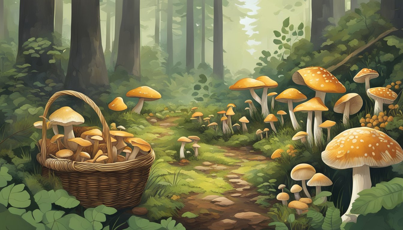 Mushrooms being foraged in a lush forest in the Great Lakes region, with a variety of fungi being collected in baskets and the surrounding greenery