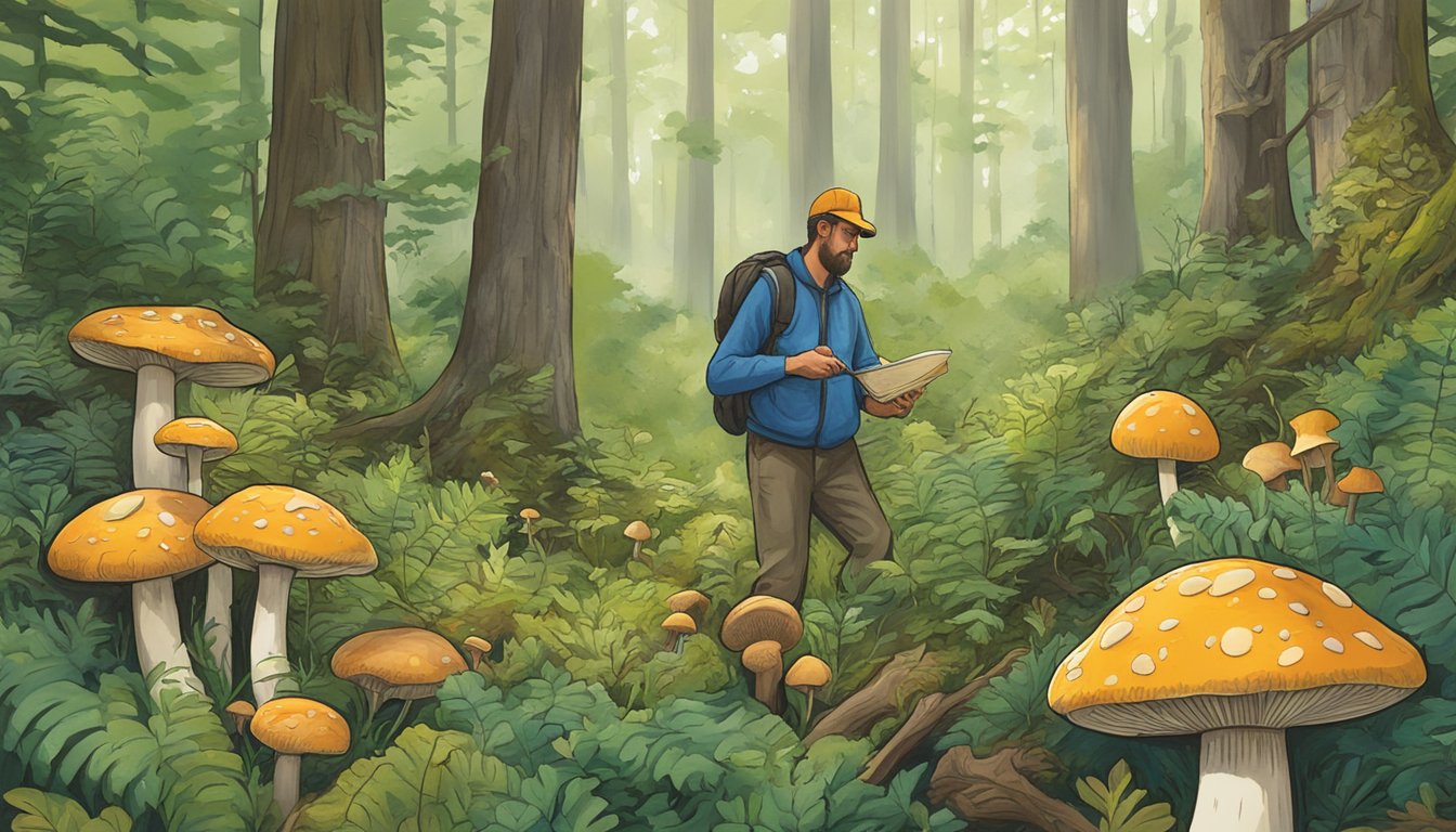 Mycologists in Finger Lakes region forage for mushrooms in lush forest with diverse fungi species