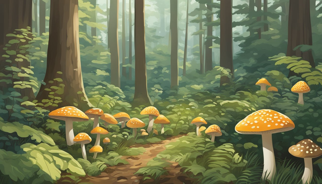 A lush forest floor in the Great Lakes region, scattered with various non-morel mushrooms. Tall trees and dappled sunlight create a serene atmosphere for mushroom hunting