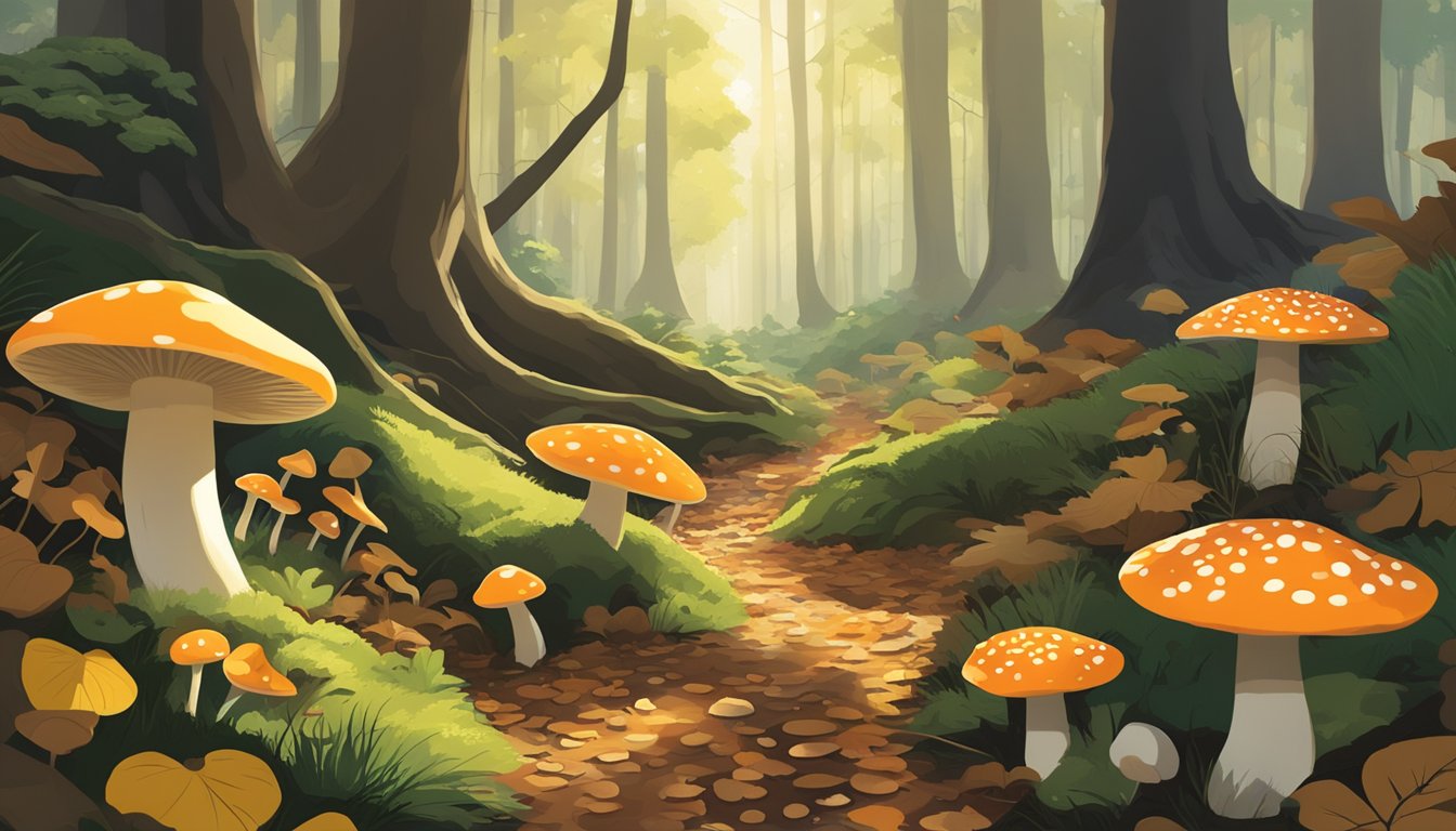 A lush forest floor in the Finger Lakes region, with a variety of mushrooms growing among the fallen leaves and moss. Sunlight filters through the trees, casting dappled shadows on the ground