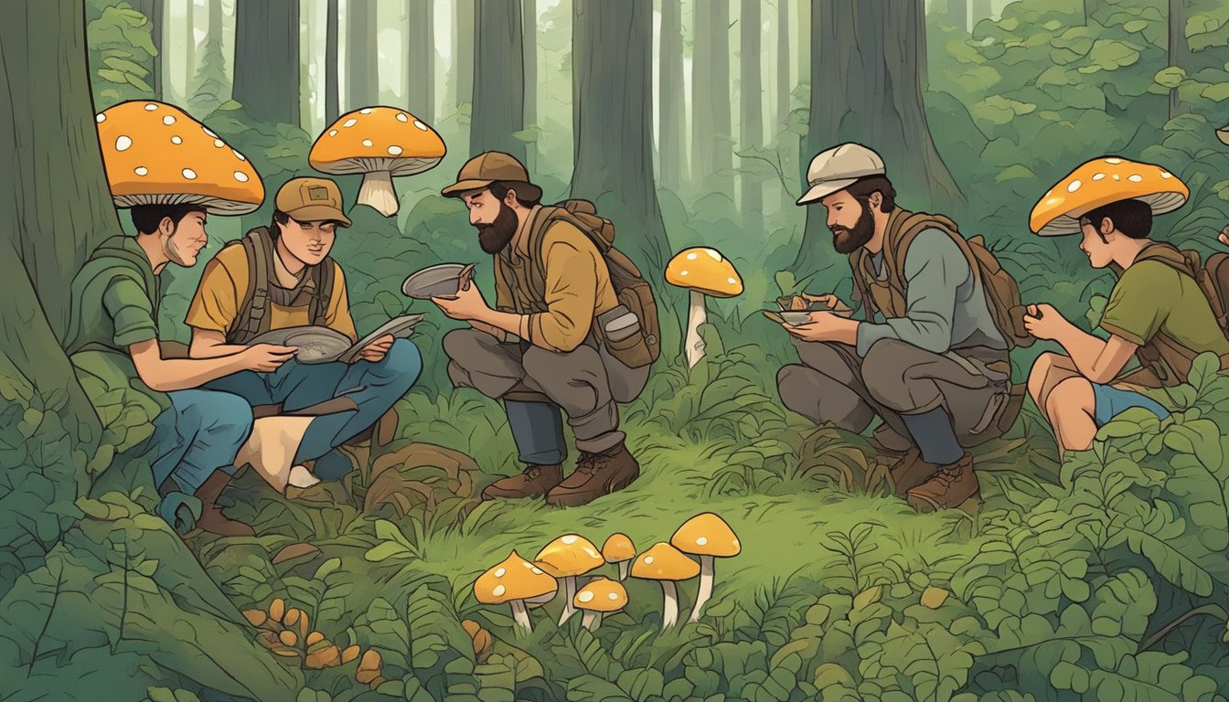 A group of mushroom hunters gather in the lush forests of the Great Lakes region, eagerly sharing tips and stories while foraging for various fungi