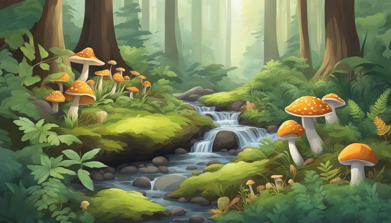 A lush forest floor with diverse mushroom species, a small stream, and a group of foraging animals