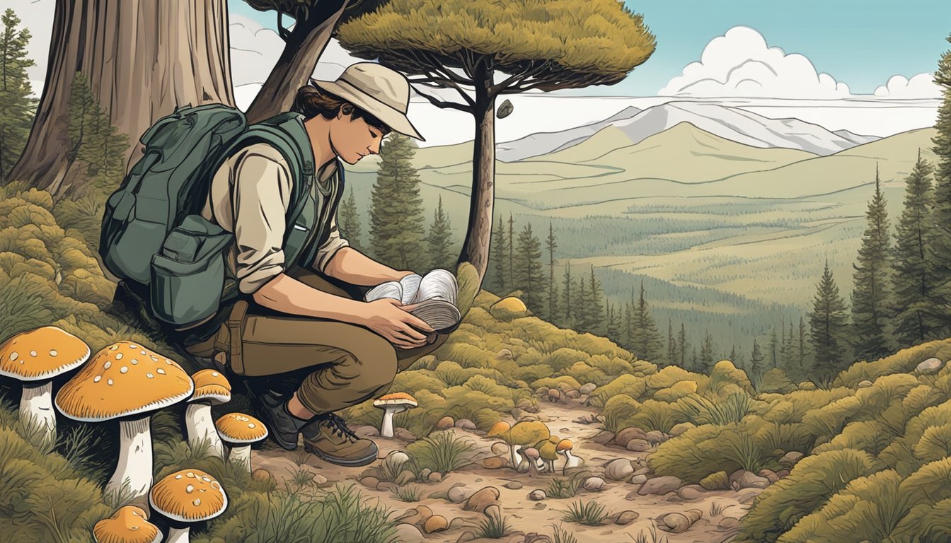 A person crouches in a forest, examining various mushrooms. A guidebook and collecting basket lay nearby. The great basin landscape stretches in the background