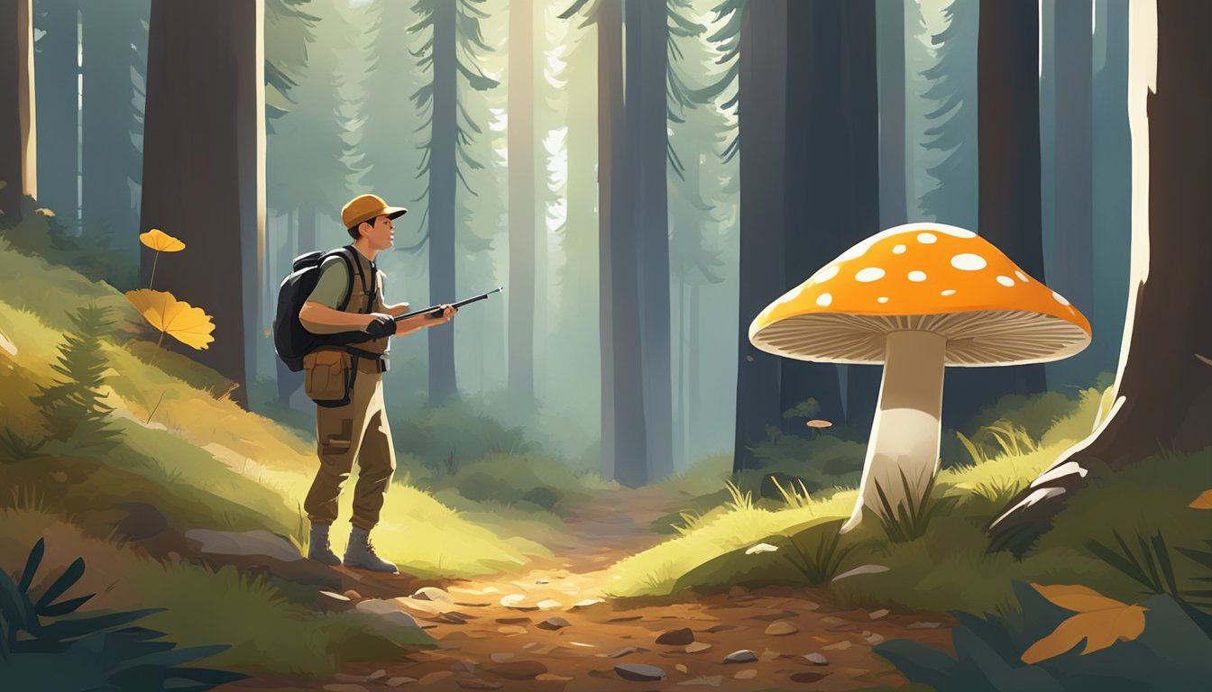 A mushroom hunter carefully scans the forest floor, surrounded by towering pine trees and scattered patches of sunlight. Fallen leaves and pine needles cover the ground, creating a peaceful and serene atmosphere