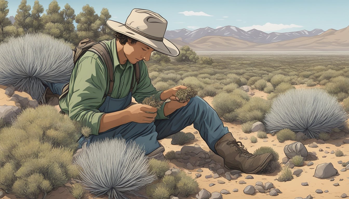 A figure crouches among sagebrush, carefully plucking wild mushrooms from the dry, rocky soil of the Great Basin region