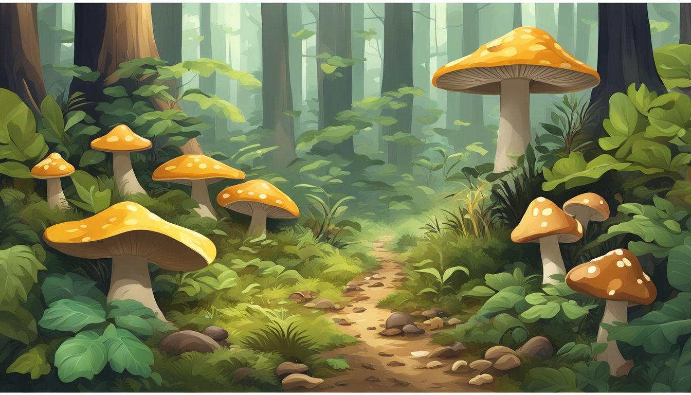 A lush forest floor with scattered fallen leaves and various types of mushrooms growing among the trees in the Golden Triangle region