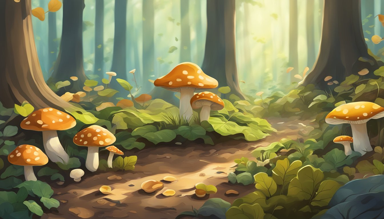 A lush forest floor with dappled sunlight, scattered fallen leaves, and various types of mushrooms sprouting from the earth