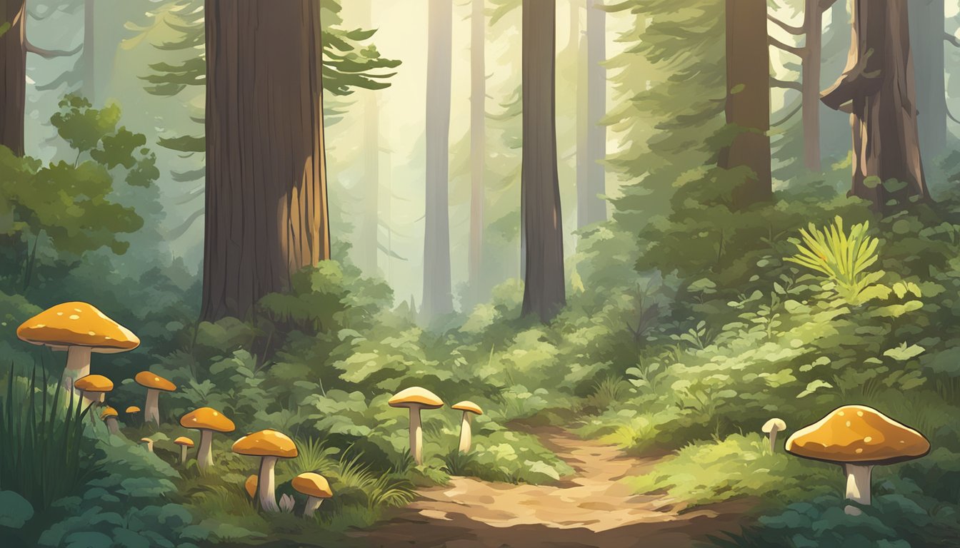 A lush forest floor in the Great Basin region, dotted with various types of mushrooms in different shapes, sizes, and colors, surrounded by tall trees and dappled sunlight