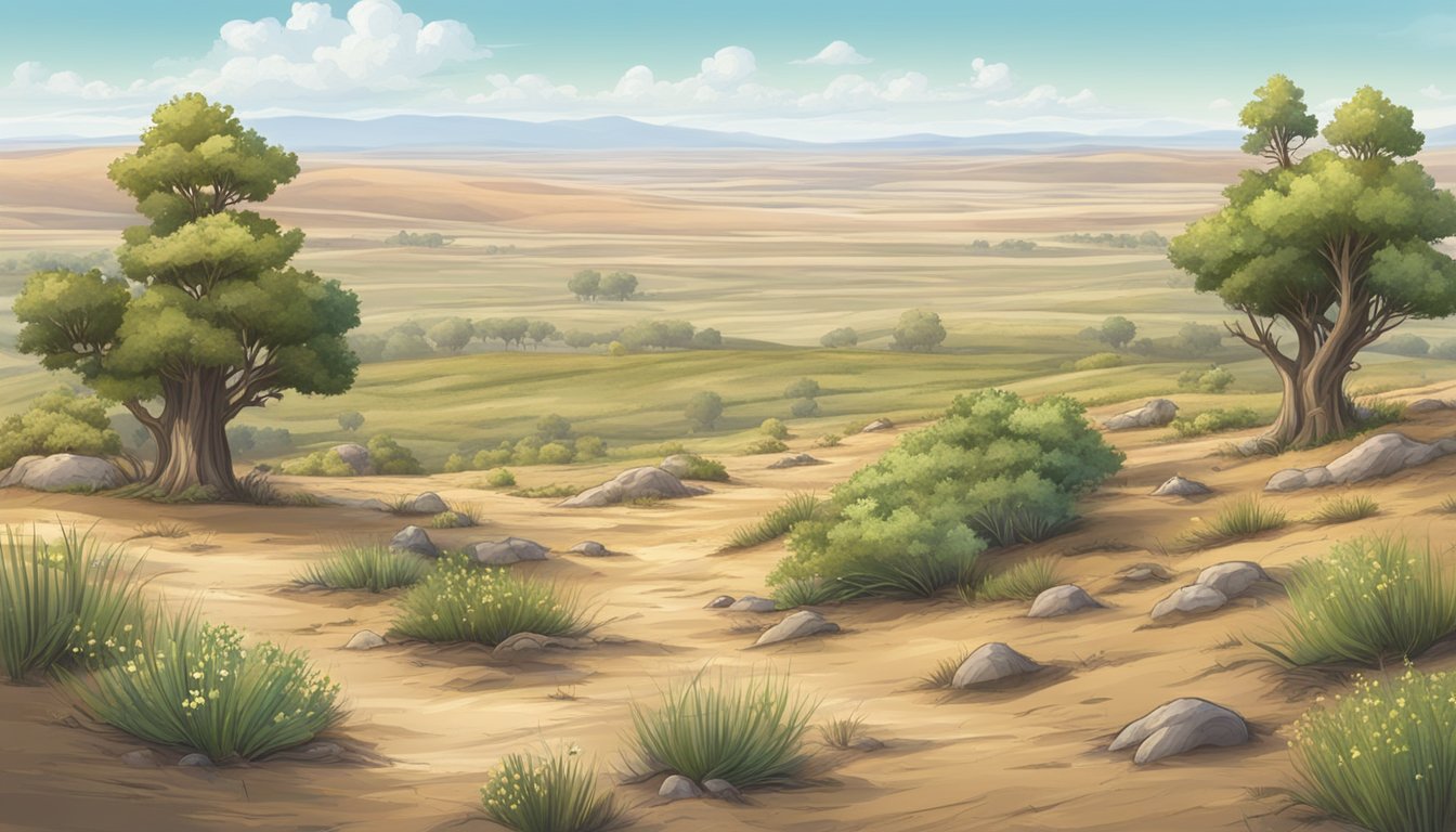 A vast high plains landscape with scattered trees and bushes, wild mushrooms sprouting from the dry earth