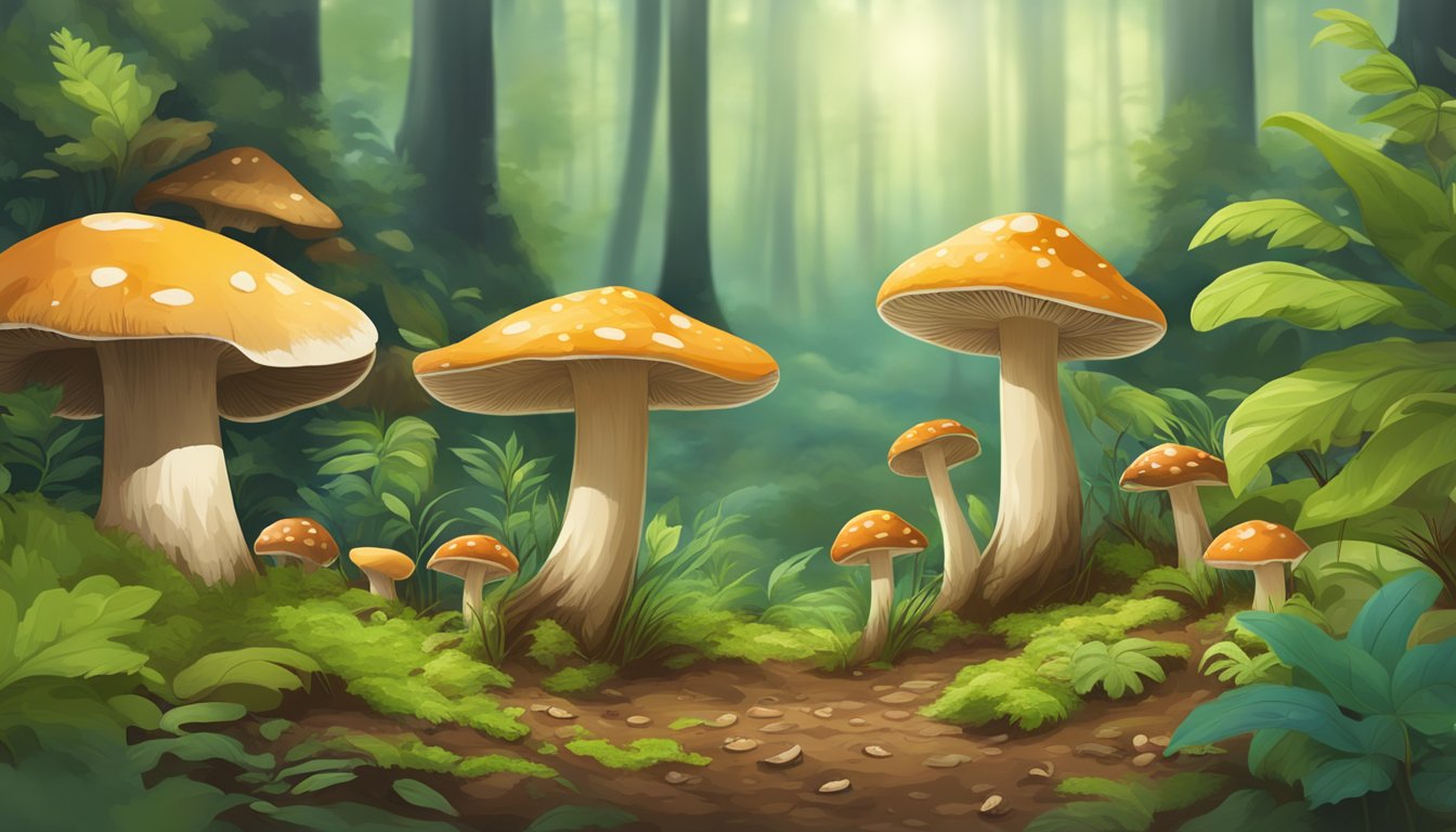 A lush forest floor in the Golden Triangle region, with various types of mushrooms sprouting from the earth