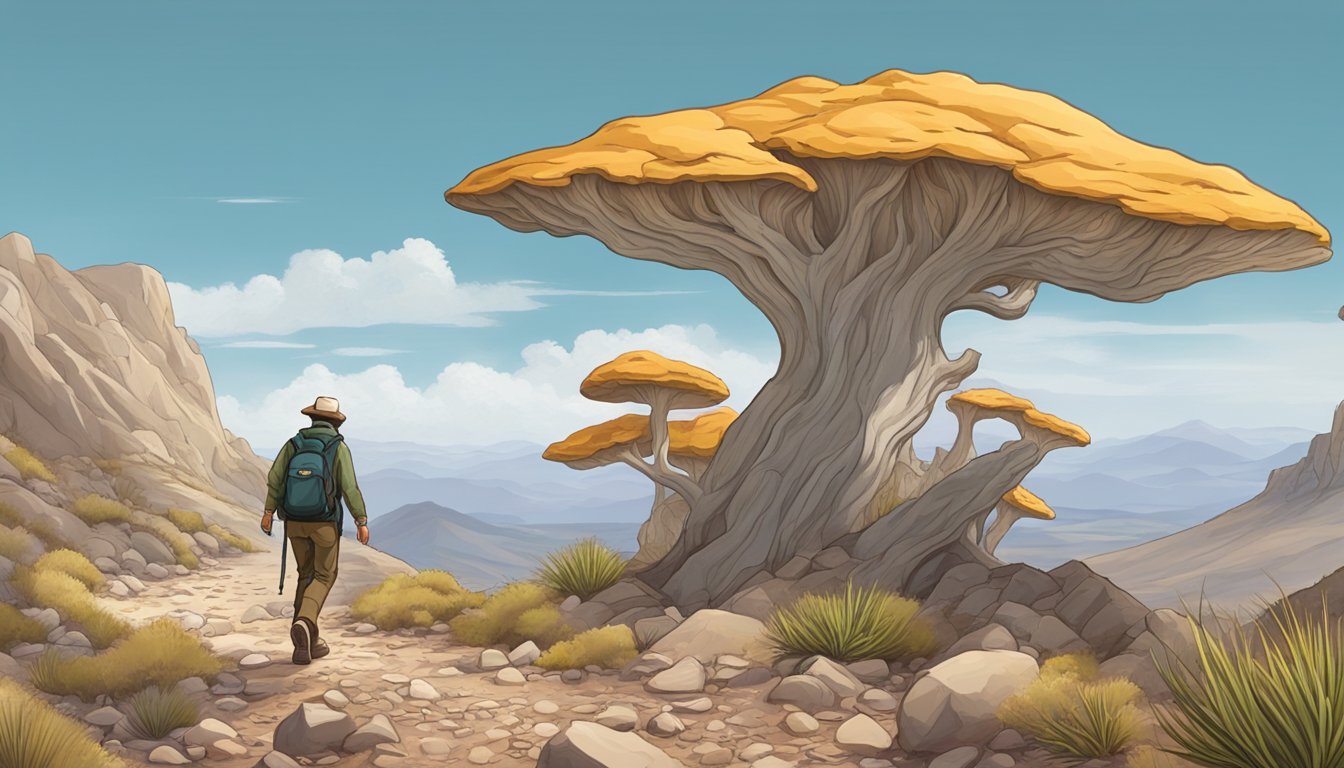 A figure wanders through the rugged Great Basin landscape, searching for mushrooms among the rocky terrain