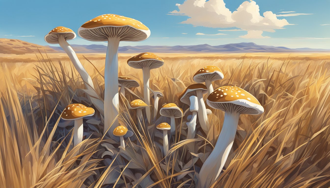 A cluster of target mushroom species grows among dry grasses in the vast expanse of the High Plains, under the bright sun and clear blue sky