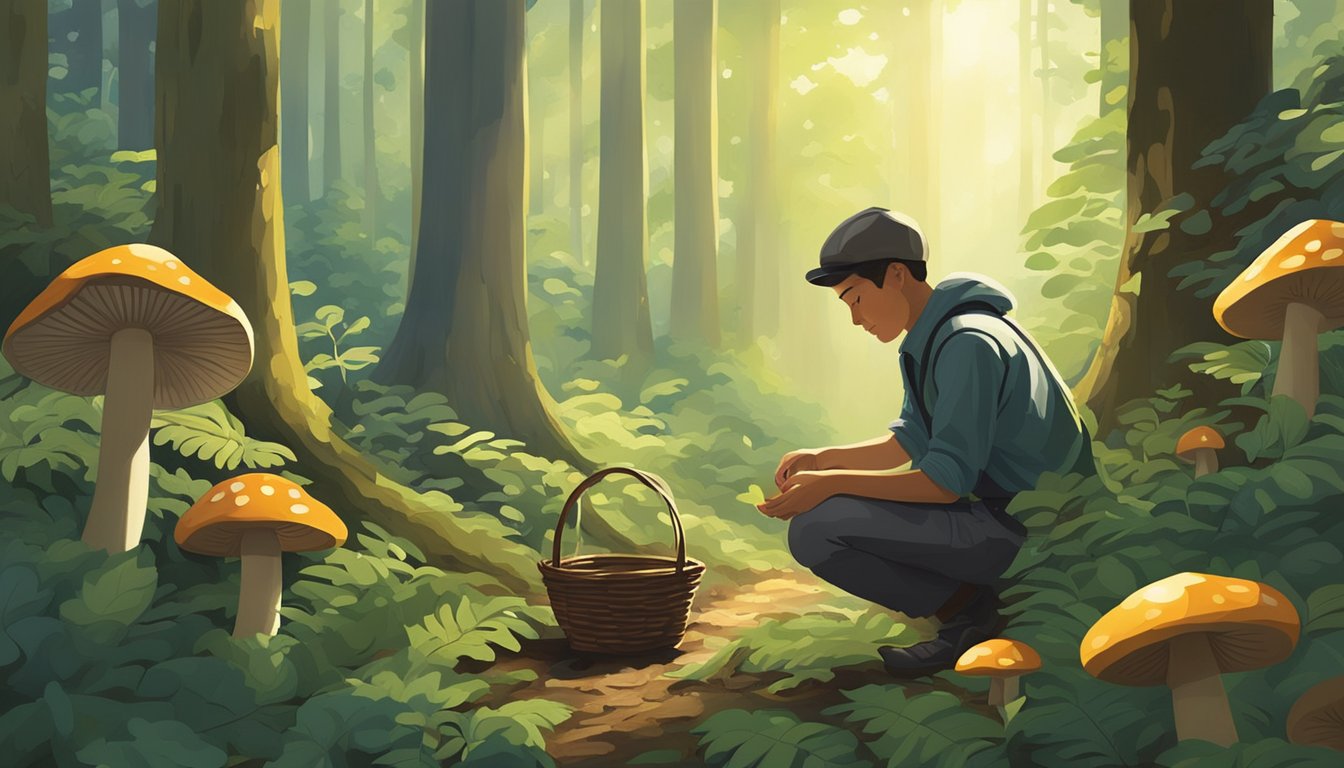 Sunlight filters through dense forest canopy as mushrooms sprout from the forest floor. A figure crouches, carefully inspecting each specimen before gently plucking them and placing them in a woven basket