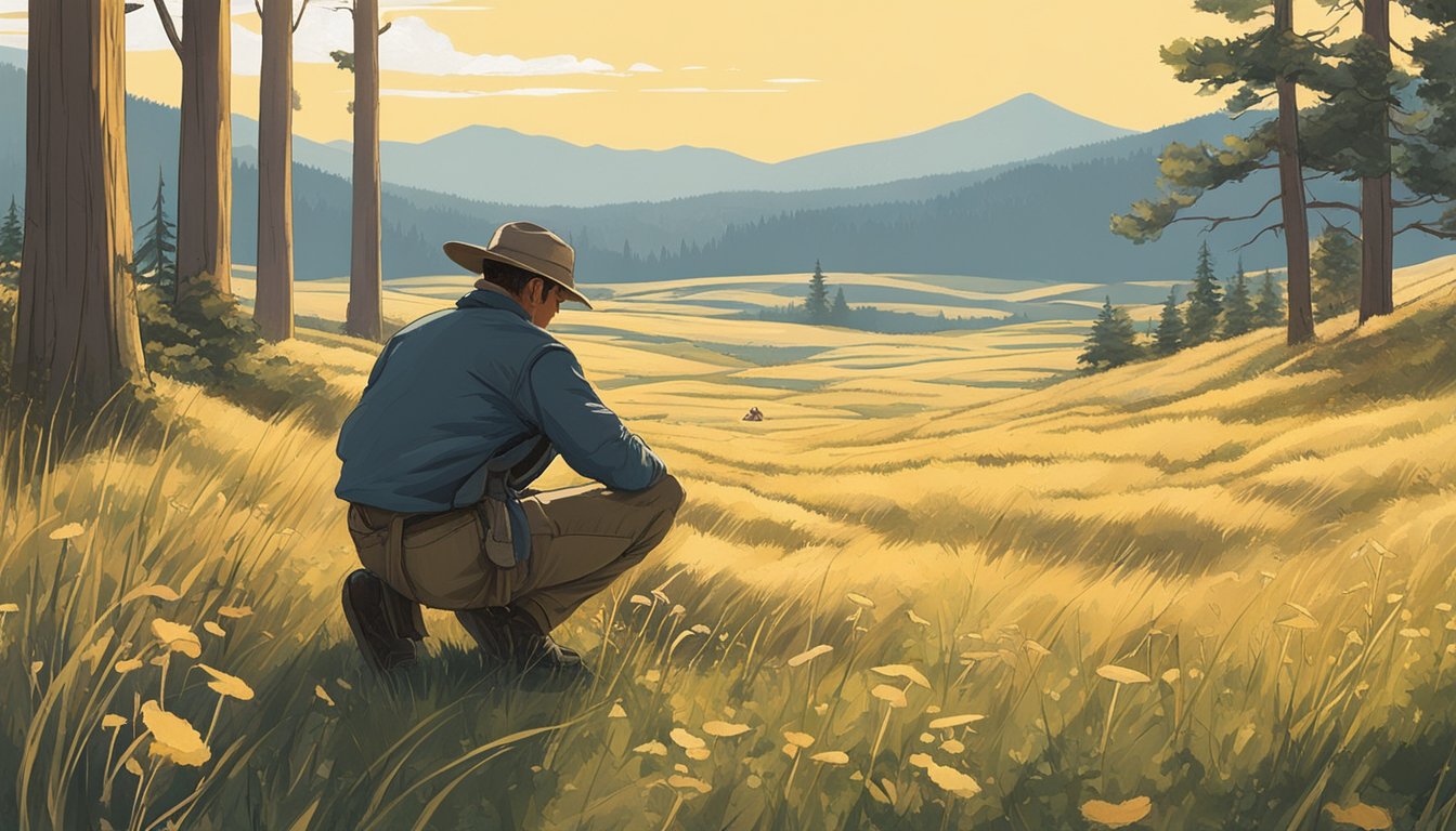 A lone figure crouches in a sun-dappled meadow, carefully inspecting the forest floor for elusive mushrooms. The high plains stretch out in all directions, a vast expanse of golden grasses and distant mountains