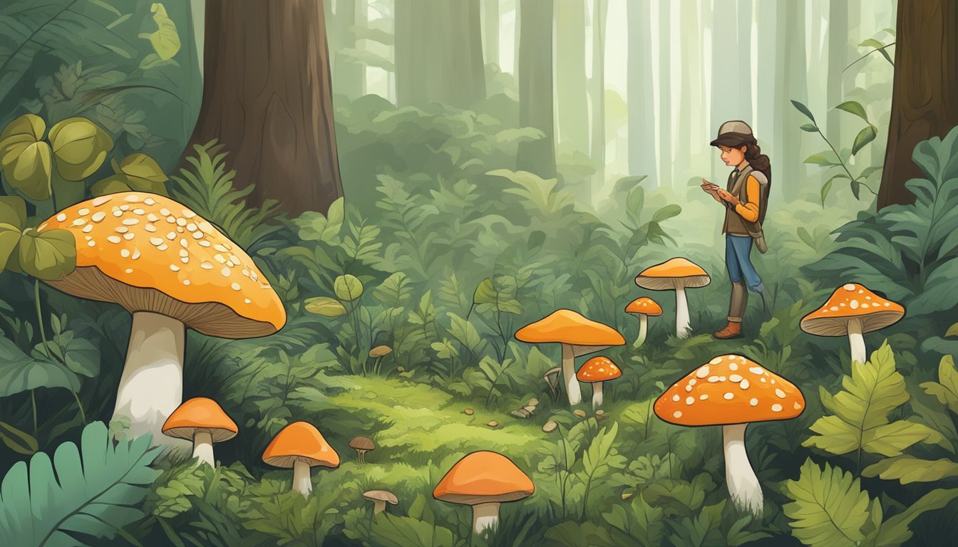 A lush forest floor with diverse mushroom species, a forager carefully inspecting and collecting specimens, mindful of ethical and sustainable practices