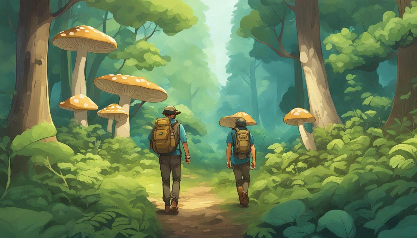 A lush forest with mushroom hunters using technology to map out their route and connect with the local community for guidance