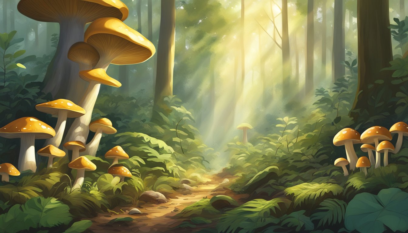 Sunlight filtering through dense forest canopy onto forest floor, revealing a variety of mushrooms in the Golden Triangle region