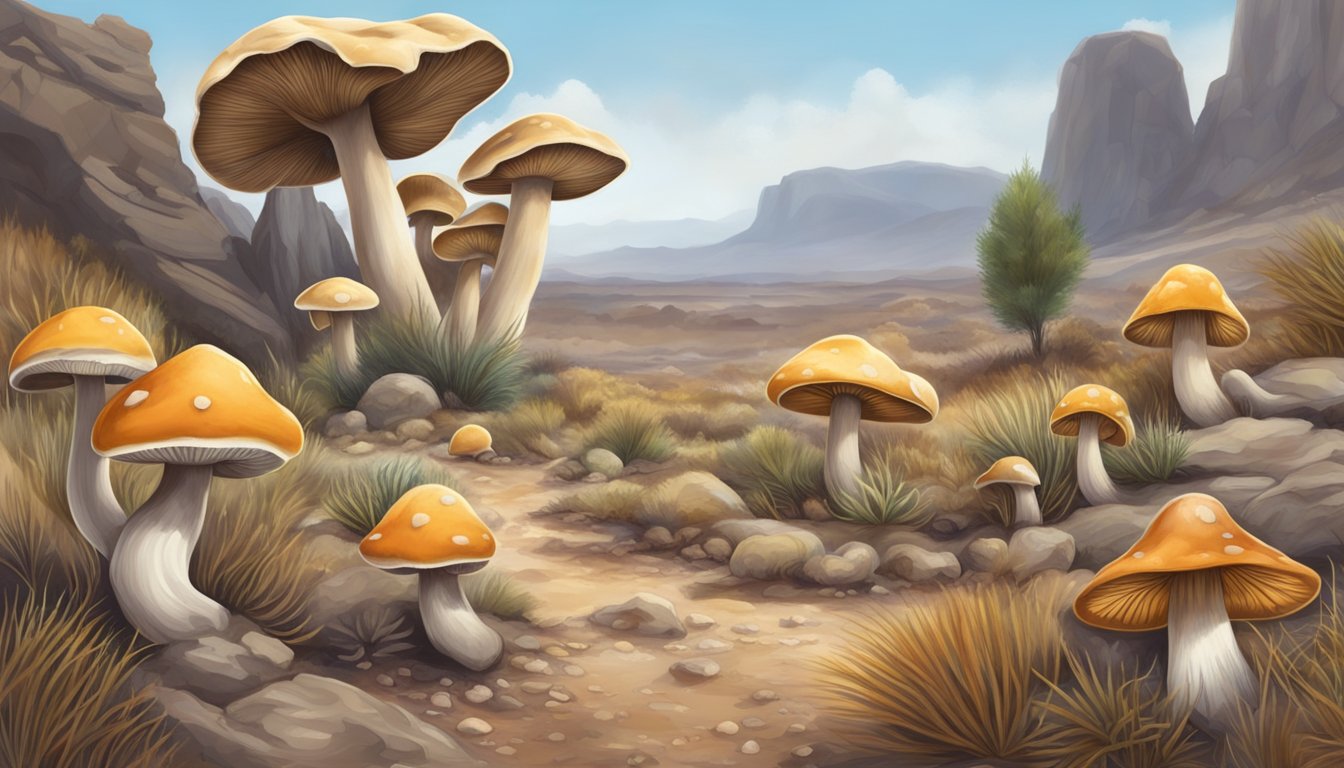 A variety of mushroom species dot the dry, rocky landscape of the high desert region, thriving in the harsh environment