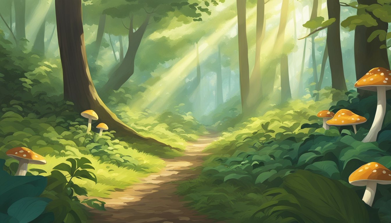 A lush forest in the Golden Triangle region, with vibrant foliage and various mushroom species scattered across the forest floor. The sunlight filters through the canopy, casting dappled shadows on the ground