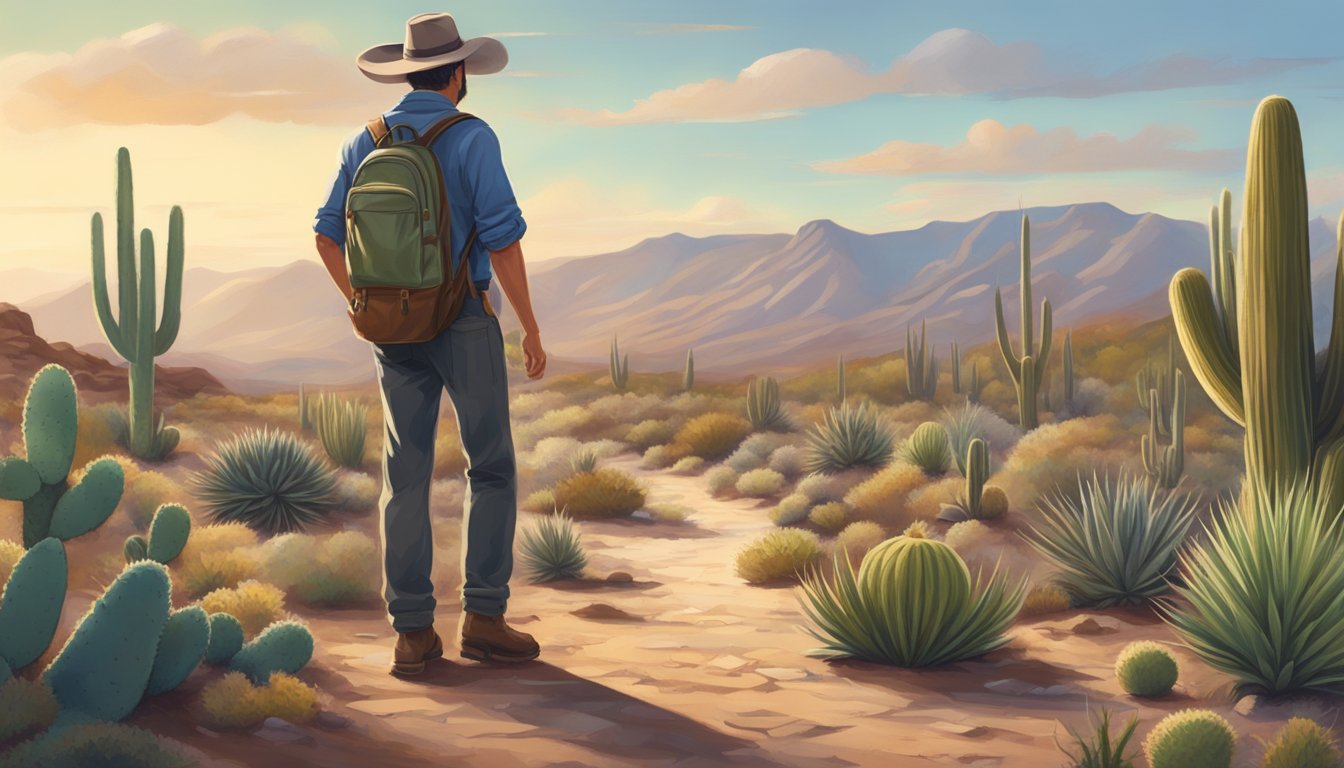 A figure in a wide-brimmed hat and hiking boots carefully examines the ground, surrounded by scrub brush and cacti in the high desert