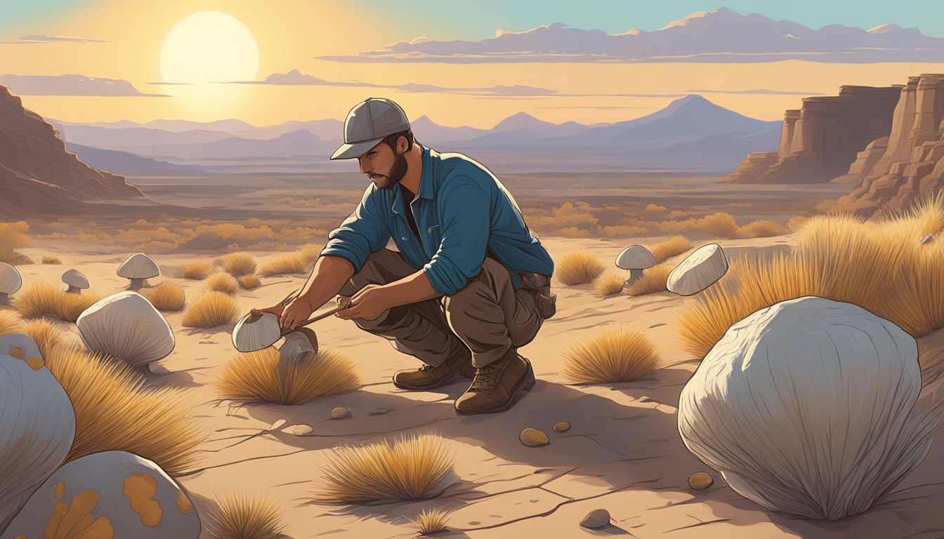 A figure crouches in the high desert, carefully harvesting mushrooms from the dry, rocky soil. The sun beats down on the arid landscape as the hunter carefully selects each specimen