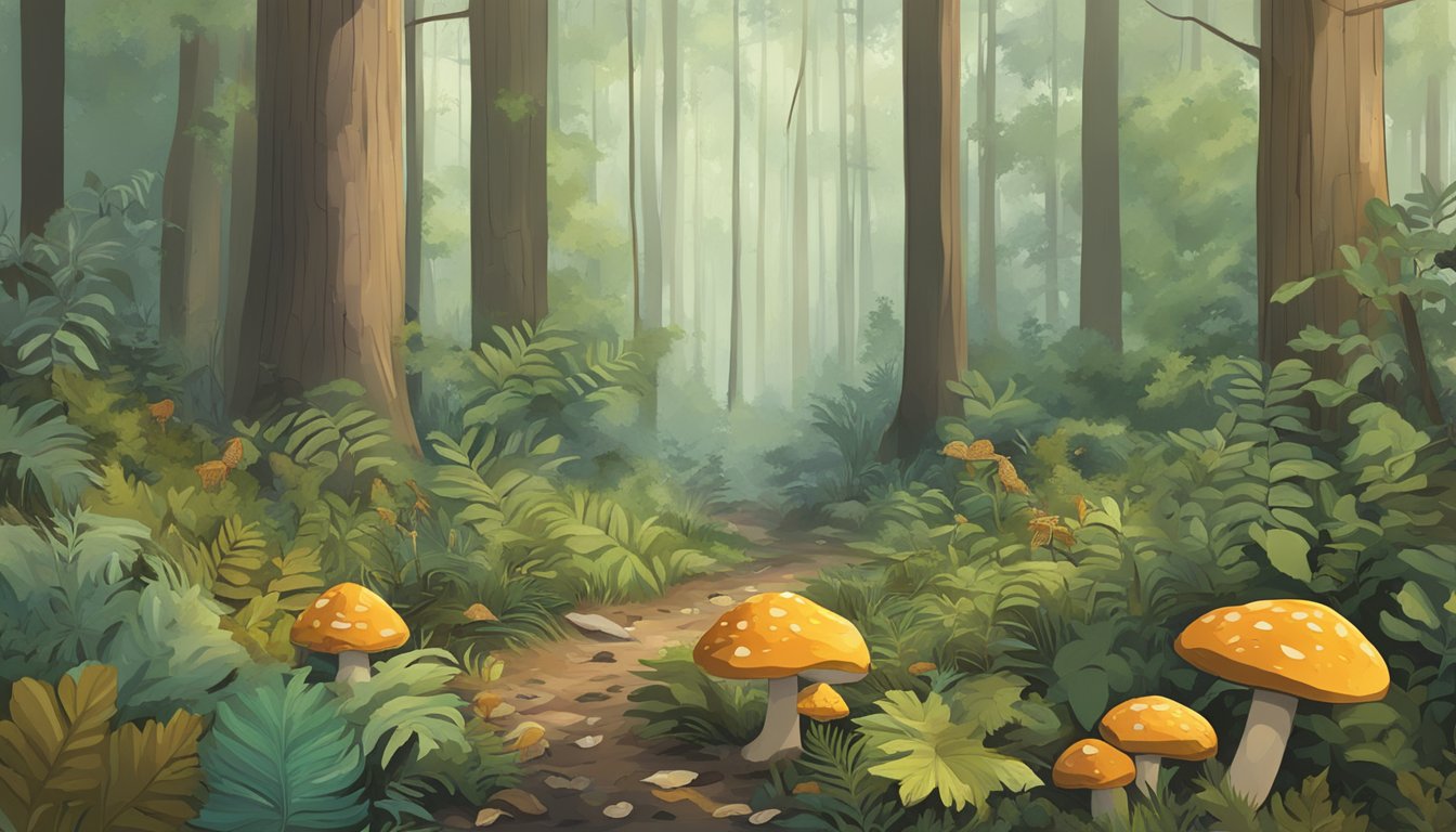 A lush Gulf Coast forest with diverse flora, fallen leaves, and clusters of wild mushrooms scattered across the forest floor