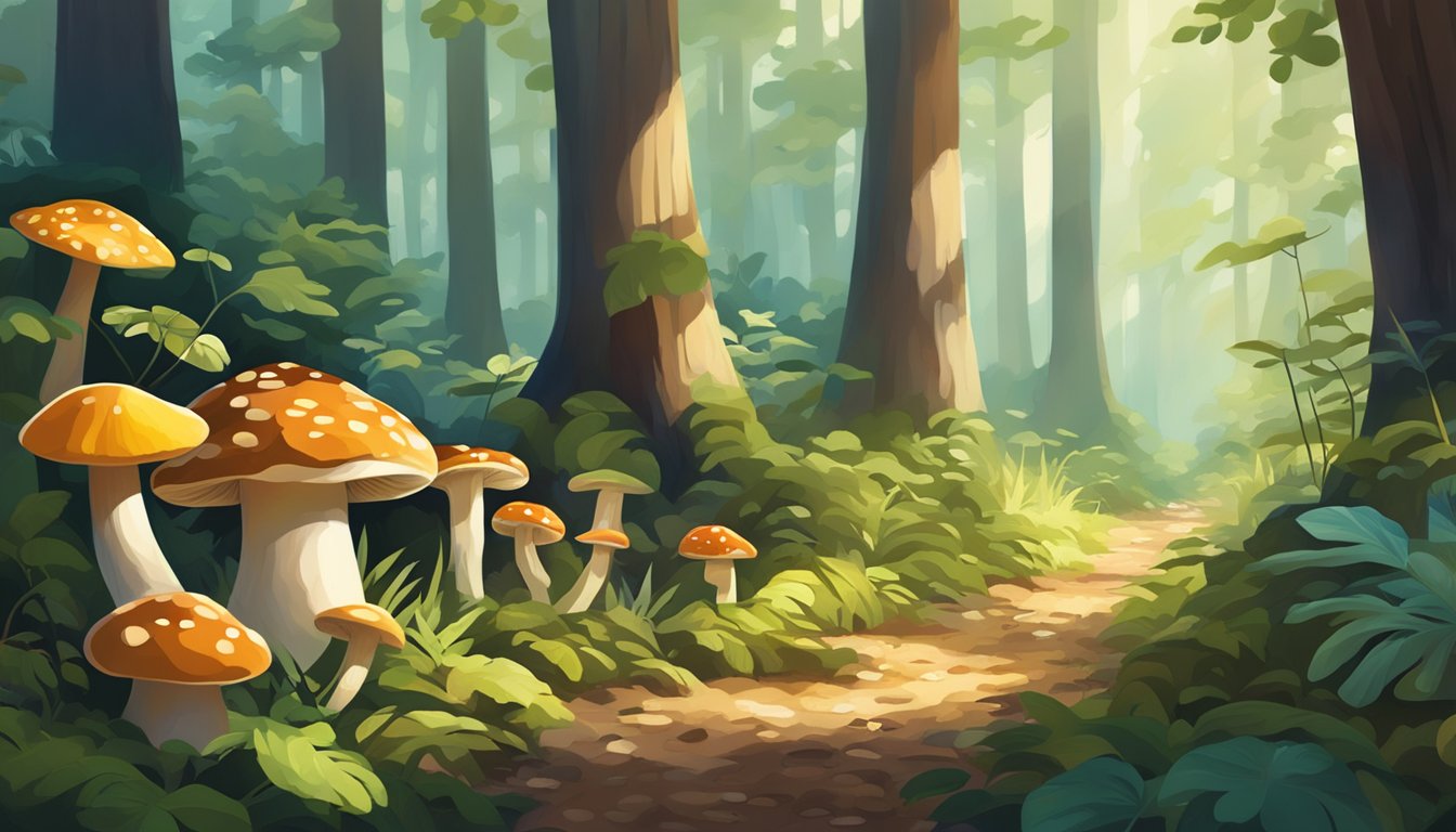 A lush forest floor with dappled sunlight filtering through the trees, showcasing a variety of mushrooms in different shapes, sizes, and colors