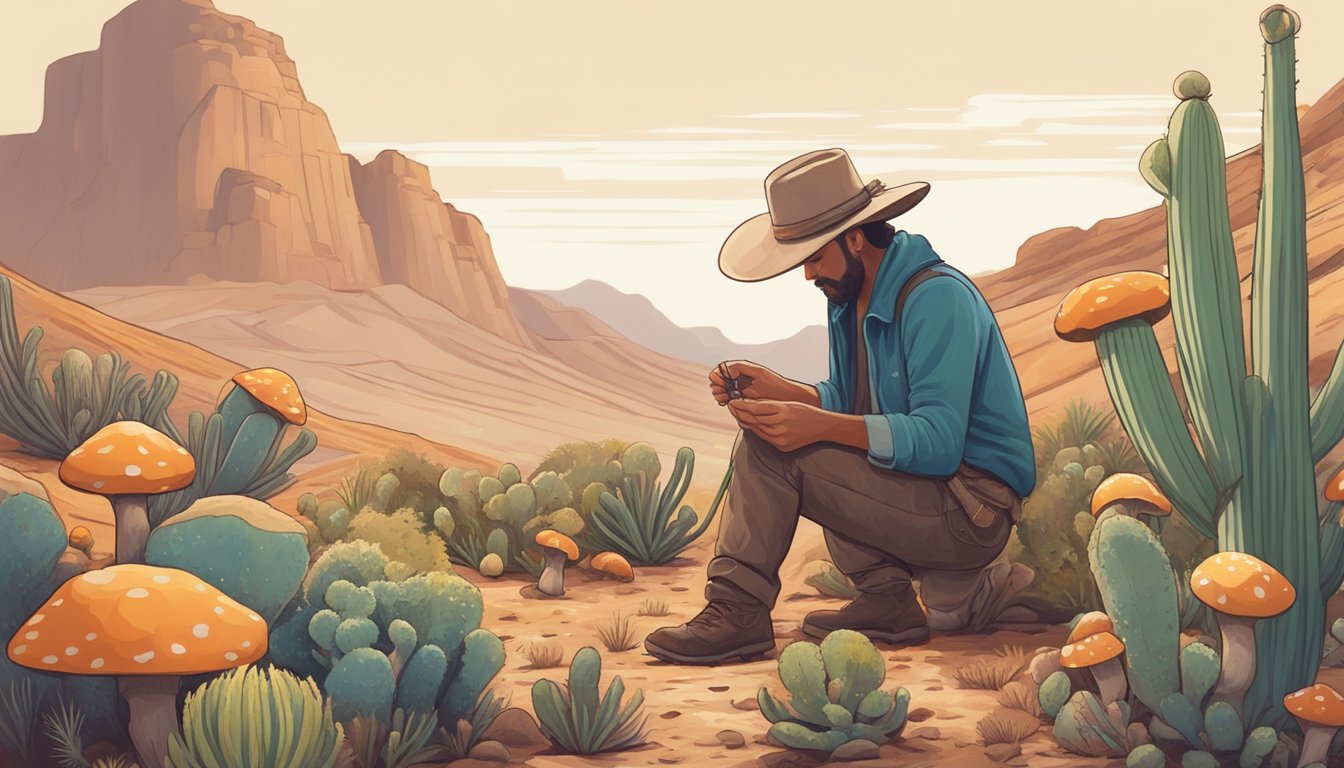 A figure in a wide-brimmed hat stoops to pluck a variety of mushrooms from the dry, rocky soil of the high desert. Wild herbs and cacti dot the landscape