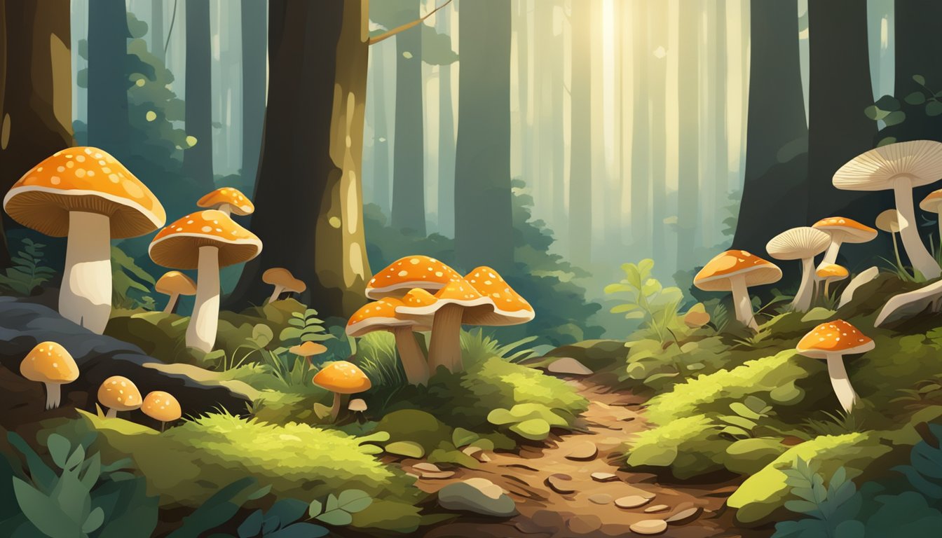 A forest floor with various types of mushrooms, fallen leaves, and moss. Sunlight filters through the trees, casting dappled shadows on the ground