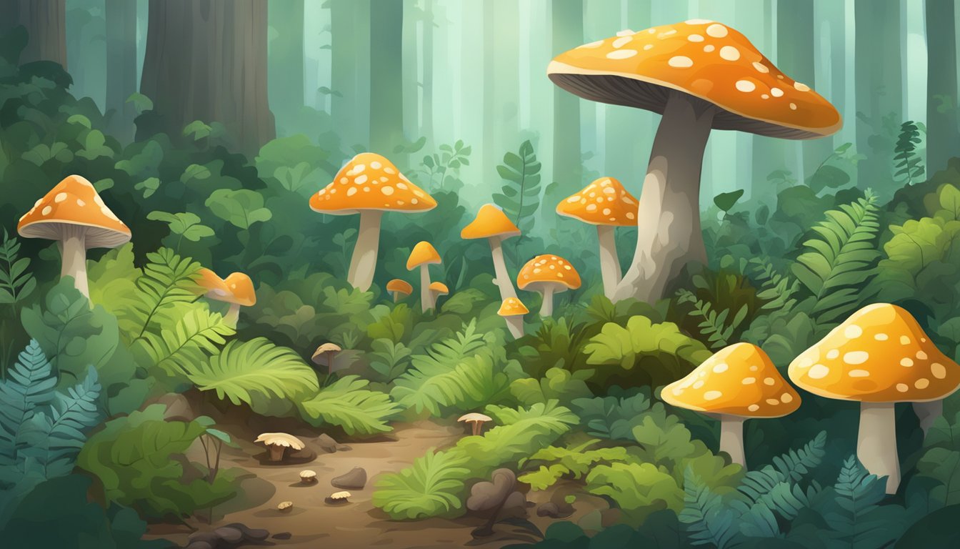 A misty forest floor with lush green foliage and scattered clusters of wild mushrooms in various shapes and colors