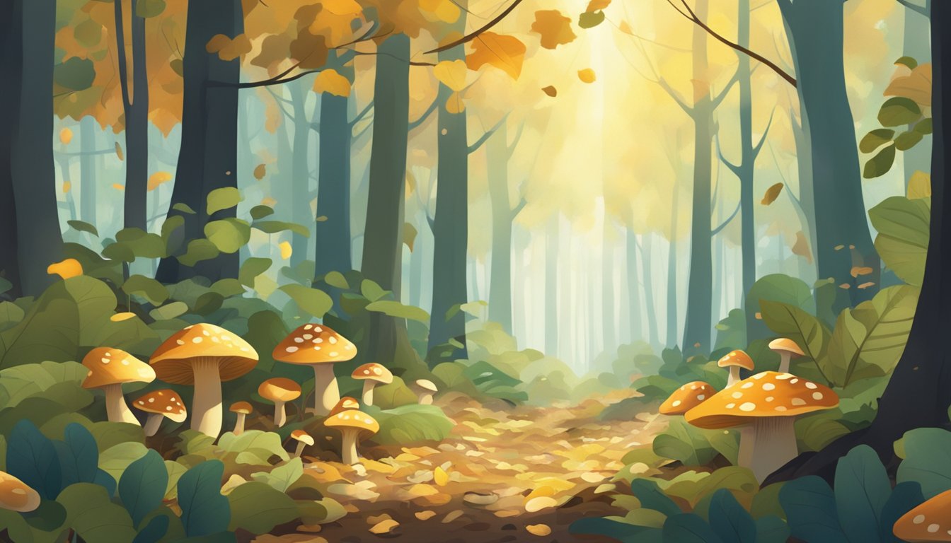 Sunlight filtering through dense forest canopy onto a forest floor covered with fallen leaves and mushrooms of various sizes and colors