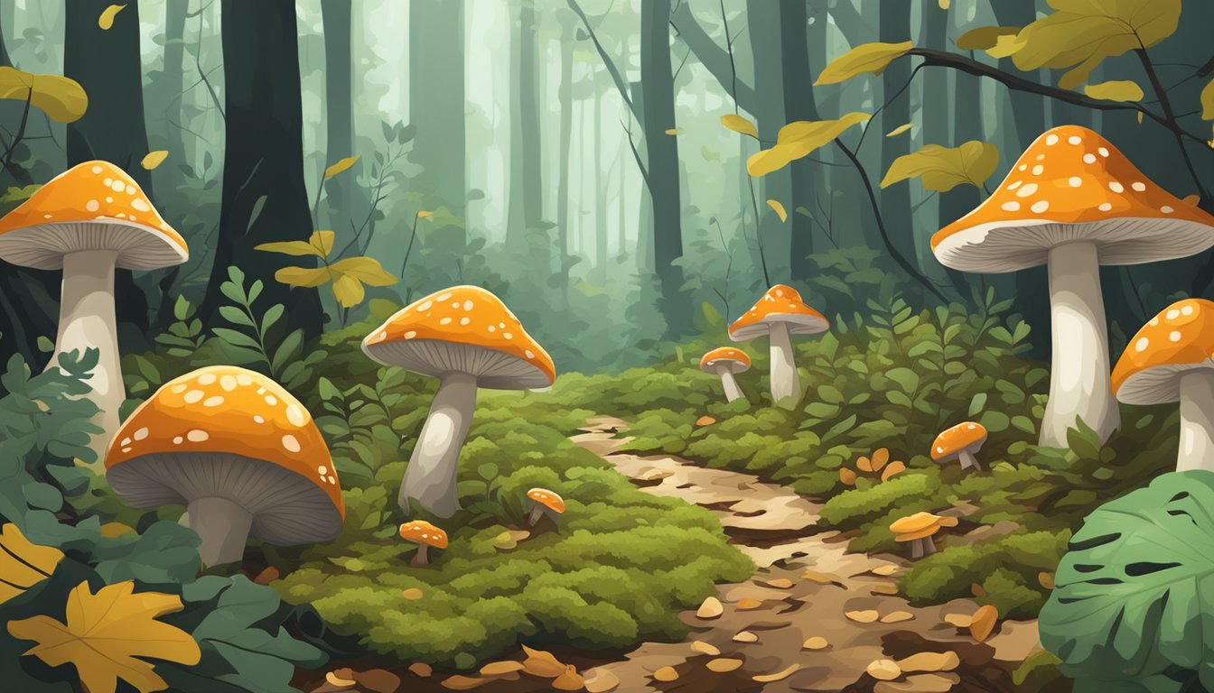 A dense forest floor with various toxic and poisonous mushrooms scattered among the fallen leaves and moss in the Gulf Coast region